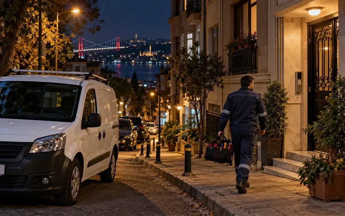 Gece saatinde apartman önünde duran kombi servisi aracı, teknisyen çantasıyla kapıya yürüyor