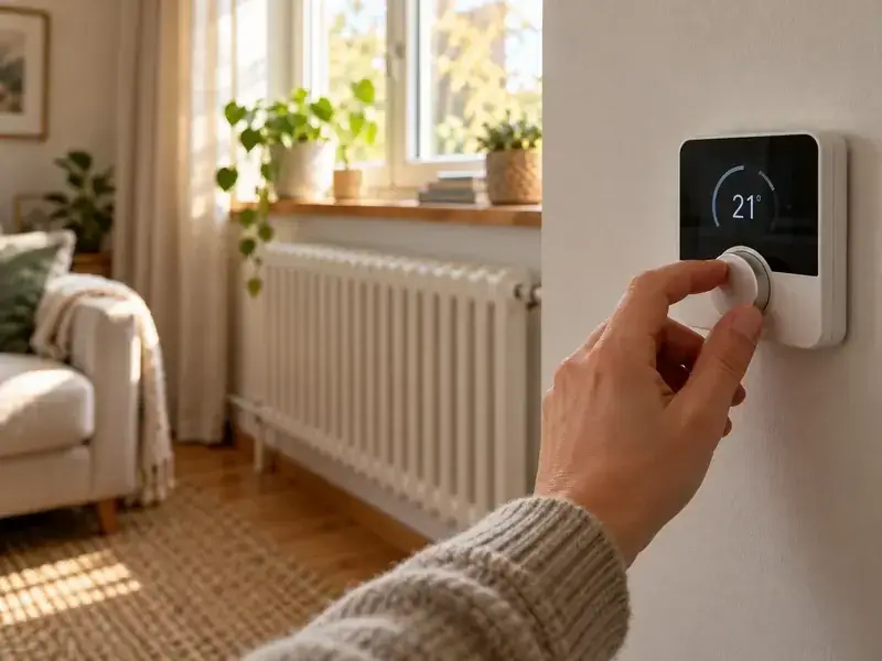 El oda termostatını 21 dereceye ayarlıyor
