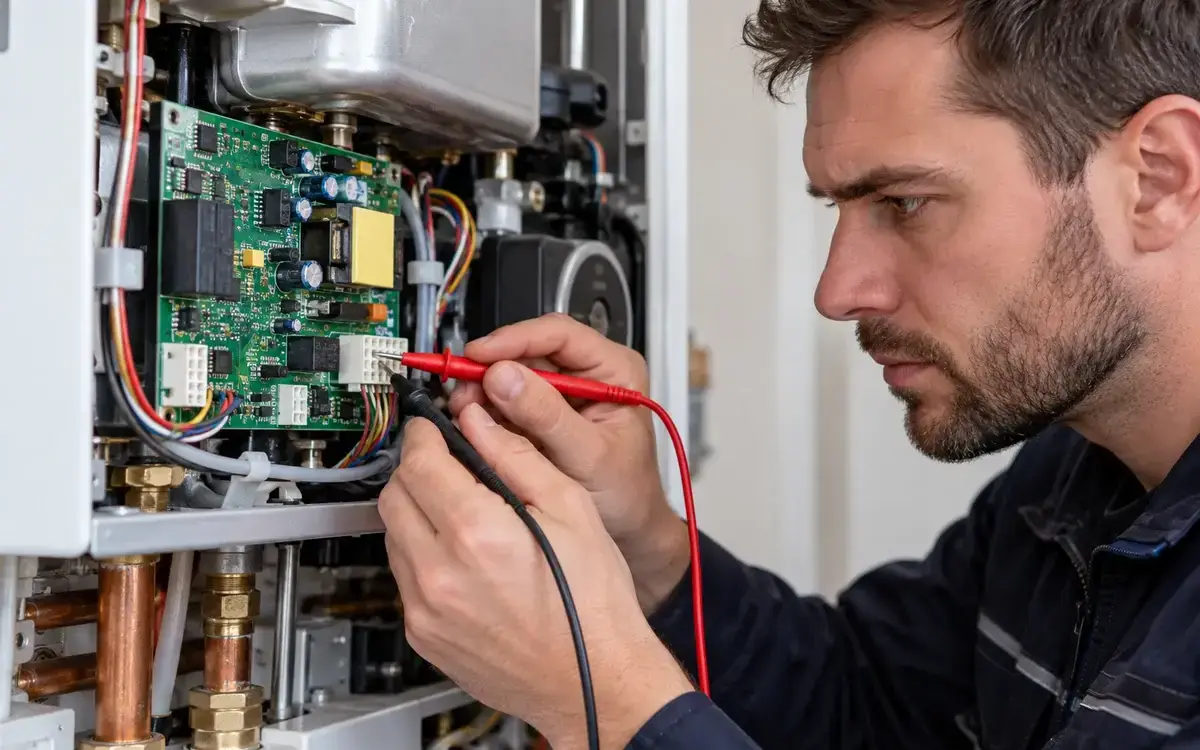Teknisyen multimetre ile kombi elektronik kartını ölçüyor